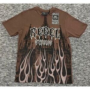 Rebel‎ Vengeance Studios Brown Graphic T-Shirt Mens Small Gothic Flame Cathedral